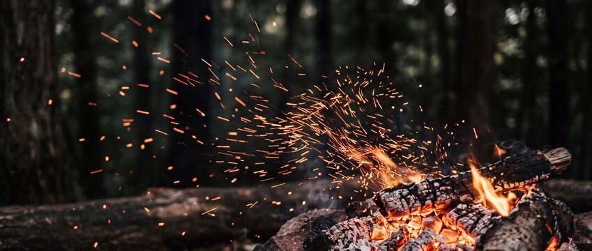 Wildfire sparks exploding from burning forest log.