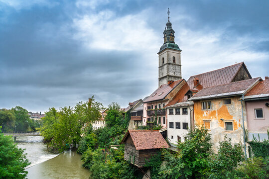 Scenic view of old town of Kranj with tower and river Sava in Slovenia