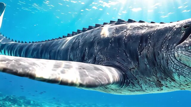 Prehistoric Marine Reptile Predator with Open Jaws and Sharp Teeth Swimming Underwater in Blue Ocean
