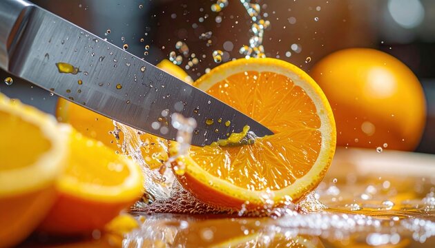 Sharp steel knife slicing juicy orange with fresh juice splash, culinary action