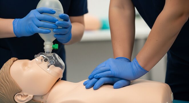 Medical professionals performing CPR training on a manikin