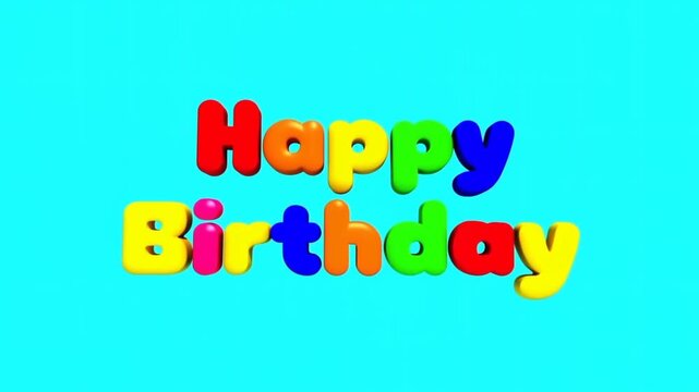 Slow pan tracking tilt of colorful three dimensional letters forming happy birthday greeting on turquoise studio background with floating glossy characters