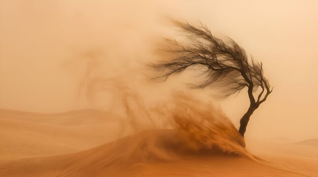 Lone tree bending in sandstorm desert wilderness horizontal landscape   