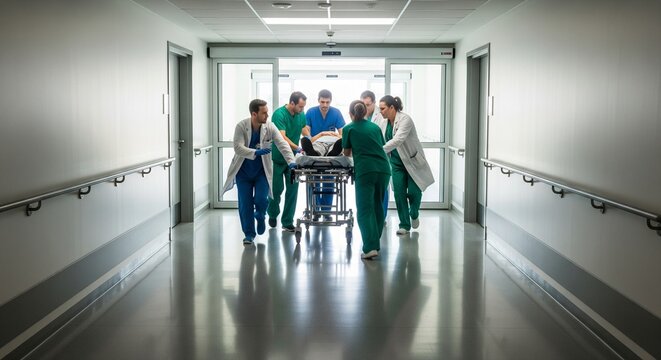 Doctors rushing a patient on a stretcher down a hospital corridor