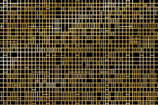 Seamless gold geometric line art pattern with intersecting rectangular grids on dark background, creating refined architectural texture for elegant decorative design