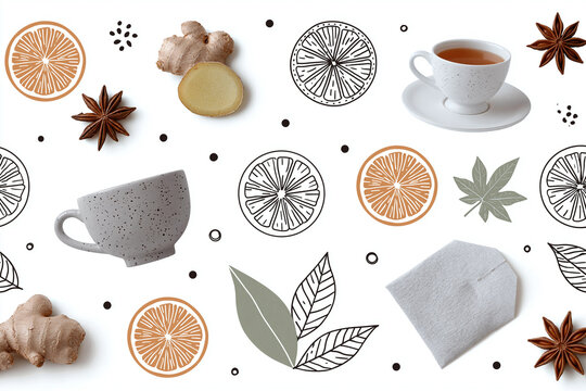 Minimal botanical tea pattern with citrus, ginger, spice, and teacup illustration, arranged on clean white background for calm, natural design