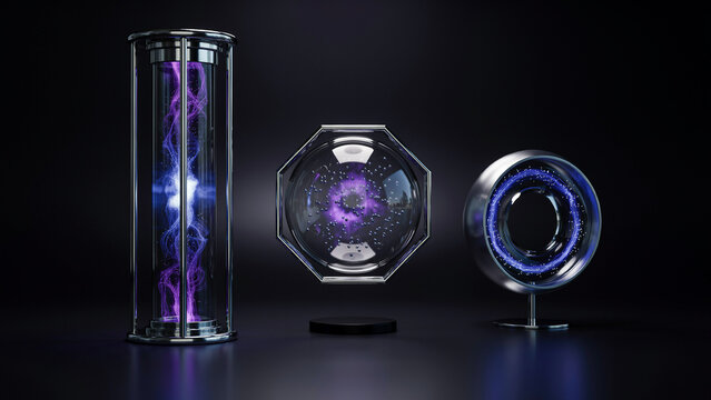 Three futuristic glass containers with glowing purple plasma energy, metallic stands, and dark reflective surface, science fiction laboratory concept