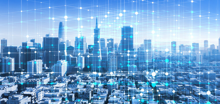 cube grid with data nodes and lines overlay over modern city with skyscraper skyline, abstract concept for illustration of quantum technology, ai, 5g or 6g communication and connectivity