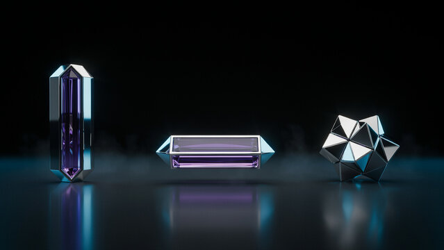 Three geometric crystal and metal including a vertical prism, a horizontal bar, and a faceted star shape on a dark reflective surface