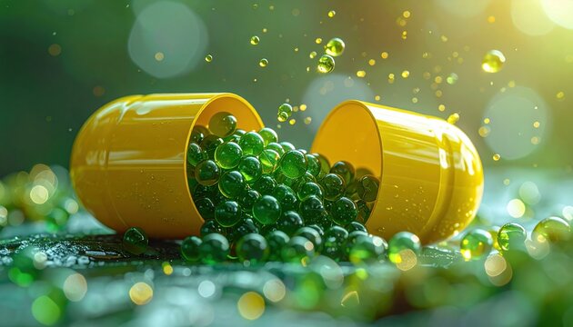 Yellow open capsule releasing green gel beads, pharmaceutical concept