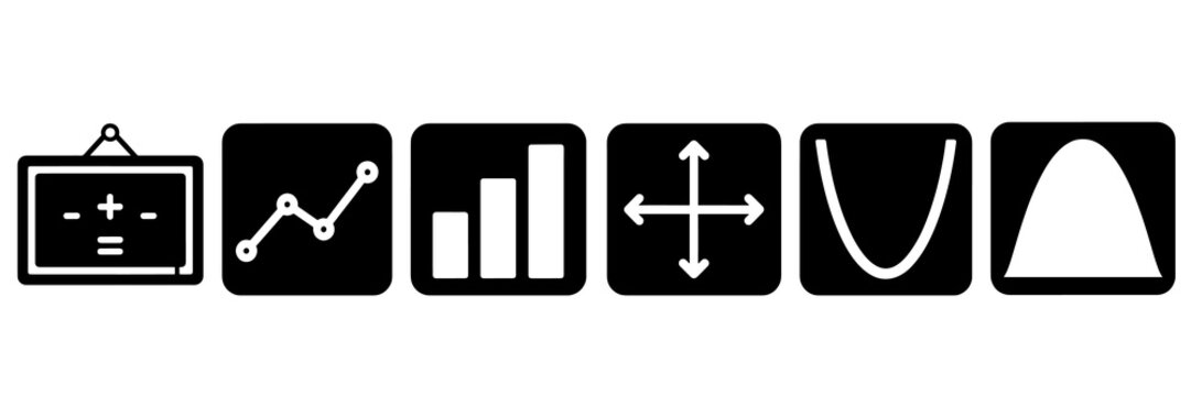 Mathematical icons showing equations graphs and geometric curve symbols