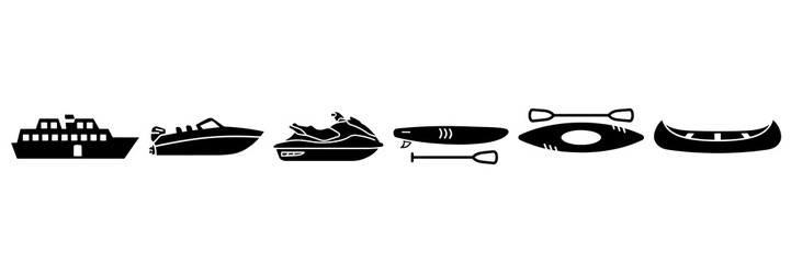 Black maritime transport icons set featuring boats and watercraft types © Mr