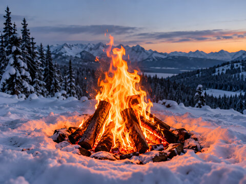 Glowing campfire burning brightly with orange flames in deep snowy winter landscape during peaceful cold evening twilight