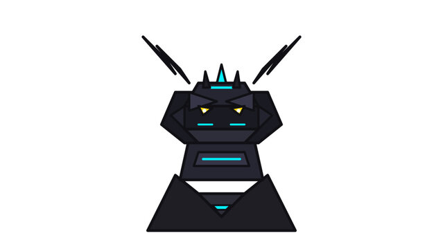 Dark robotic character with glowing blue lights and yellow eyes in flat style