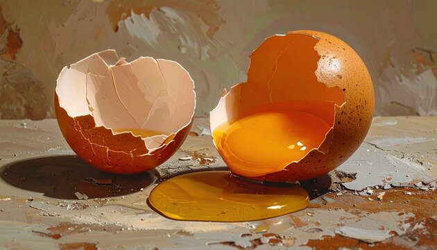 Brown egg yolk beside cracked shell halves, simple breakfast ingredient