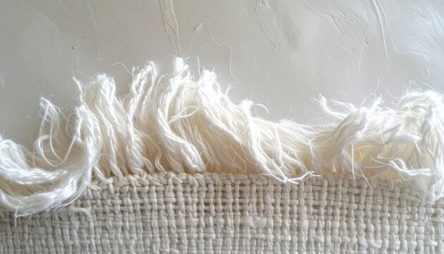 Rough white woven fabric edge with frayed threads
