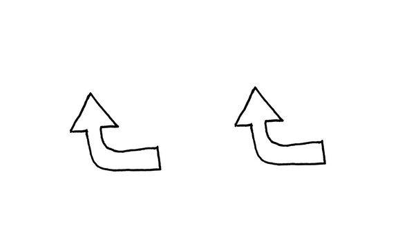 Two hand drawn hollow bent arrows, black outline turn arrow pair sketch doodle, curved up and left direction signs, simple pencil line art vector illustration isolated on white background
