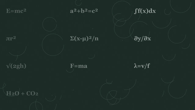 A collection of various scientific and mathematical formulas written in white text on a dark green background, featuring faint circular line