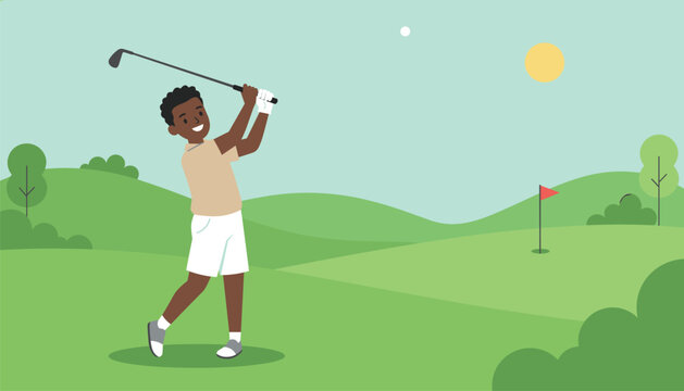 Young boy swinging a golf club on a lush green golf course with a flagstick in the distance under a sunny sky.