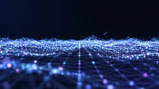 Cyan and purple dotted wave on dark blue background. Glowing particle grid forms a smooth digital landscape for technology, data signal and abstract background design.