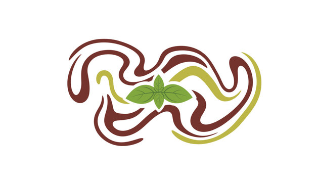 Creative abstract food illustration featuring artistic pasta swirls and fresh green basil leaves on white background.