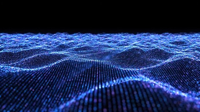 Cyan and purple dotted wave on dark blue background. Glowing particle grid forms a smooth digital landscape for technology, data signal and abstract background design.