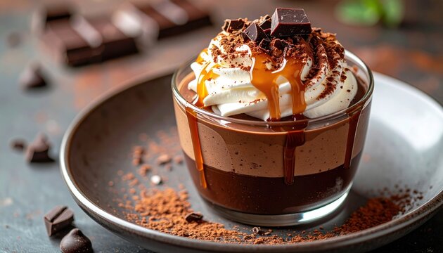 Decadent chocolate mousse parfait with whipped cream and caramel drizzle, dessert