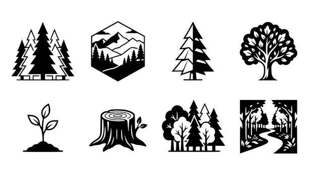 Forestry and Environmental Tree Vector Icon Set Featuring Mountain Hexagon Badge Sapling Stump Path and Pine Forest for Nature Graphic Designs