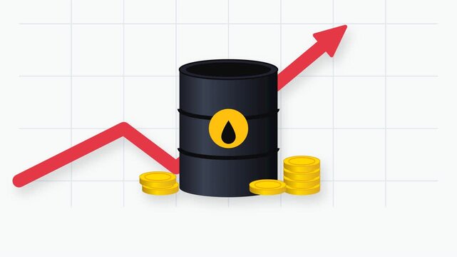 Premium pseudo-3D flat vector animation depicting an economic uptrend in the energy sector. Features a sequential build-up: a background grid fades in, a heavy oil barrel drops with a realistic bounce
