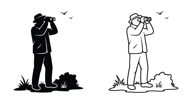 Silhouette of a birder using binoculars with surrounding foliage