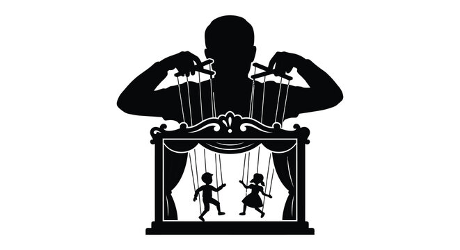Silhouette of puppeteer controlling two marionettes on a stage black on white