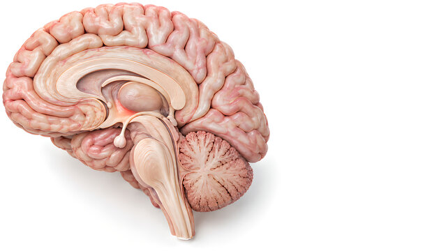 Cluster headache brain anatomy with hypothalamic emphasis in a photorealistic 3D medical render, preserving surrounding anatomy with copy space for neurology, healthcare design and patient education