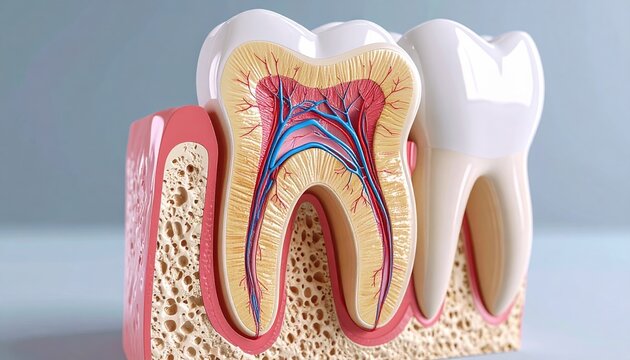 Cross-section human tooth showing enamel, dentin, pulp, nerves, and blood vessels