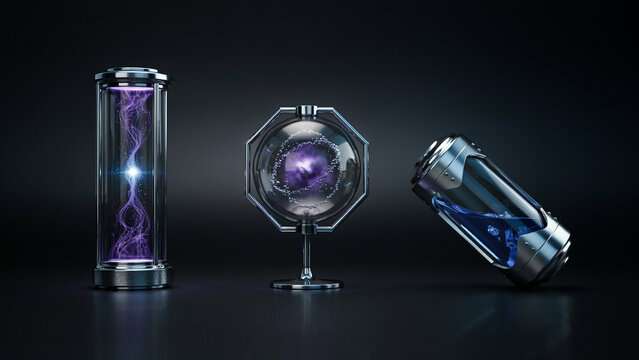 Three scientific glass containers with purple plasma, a central glowing orb, and a blue liquid vial, dark background, futuristic laboratory equipment