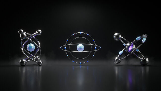 Three scientific atomic models with metallic rings and glowing cores in purple and blue hues set against a dark misty background