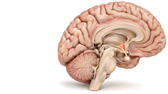 Cluster headache brain anatomy with hypothalamic emphasis in a photorealistic 3D medical render, preserving surrounding anatomy with copy space for neurology, healthcare design and patient education