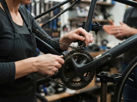 adult basic bicycle repair lesson Person repairing a bicycle chain on a bike crankset in a workshop.