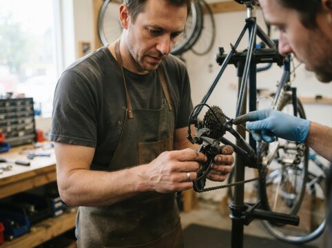 adult basic bicycle repair lesson Two men repairing a bicycle drivetrain in a workshop.
