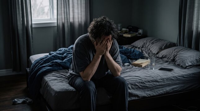 Depressed man sitting on bed holding his head in hands in dark bedroom