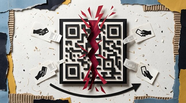 Surreal collage of cracked QR code with payment card icons and lightning fracture on cardboard