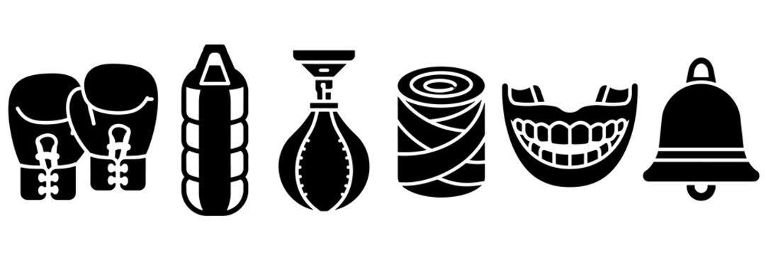 Boxing equipment silhouette icon set featuring gloves bag speedball wrap