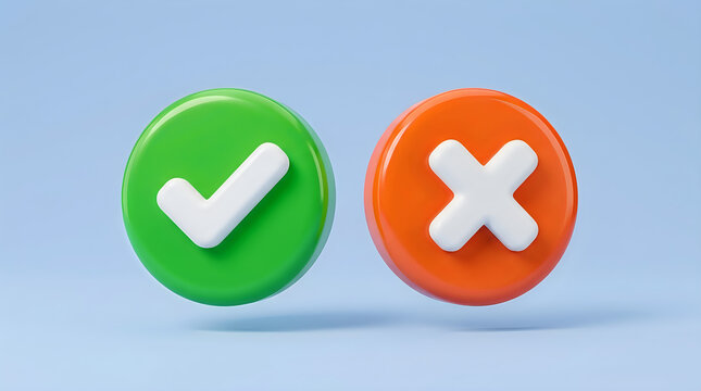 3d render of green check mark and orange cross mark icons isolated on a light blue background, representing true or false, yes or no choices