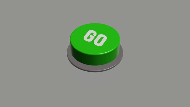 3D green Go button sliding and pressing animation on white background.
