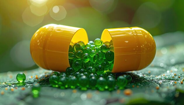 Yellow open capsule releasing green gel beads, pharmaceutical concept