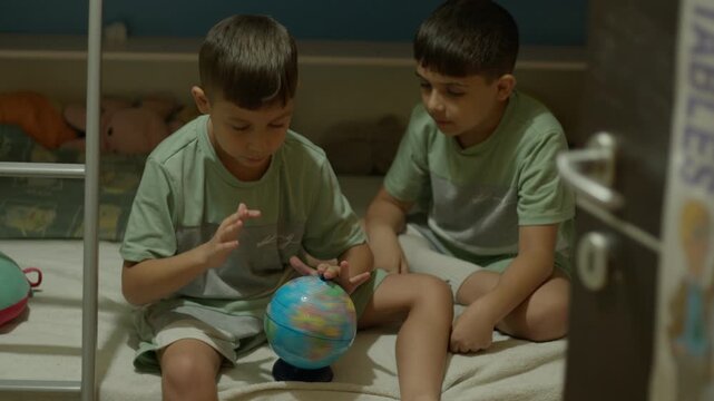 Two young boys sit on a bed. One child holds a globe, looking down. The other smiles, watching the globe. They wear matching green shirts. The room has soft, warm lighting