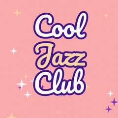 Cool jazz club text with a soft pink background, featuring scattered star, shapes and flowing, script typography with, a dark outline © Mdnobirul