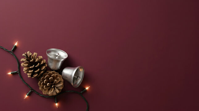Festive winter arrangement with pinecones silver bells and twinkling lights on burgundy background