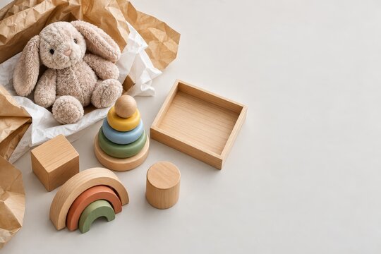 Organized Children Toy Storage with Plush Rabbit and Wooden Blocks