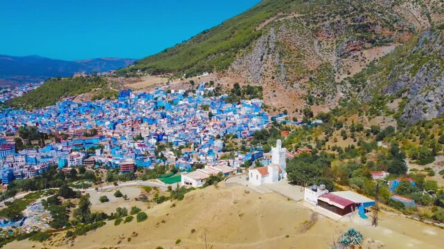 Aerial Drone View of Chefchaouen Blue City in Morocco, 4K