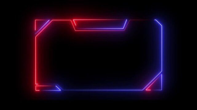 Abstract blue and red neon frame elements project minimalist  lines across on black background . Presentation layout designers incorporate this geometric frame asset. 4k motion video,,,
